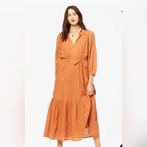 Billabong midi shift dress blousan sleeves deep v neck with front ties. bronze